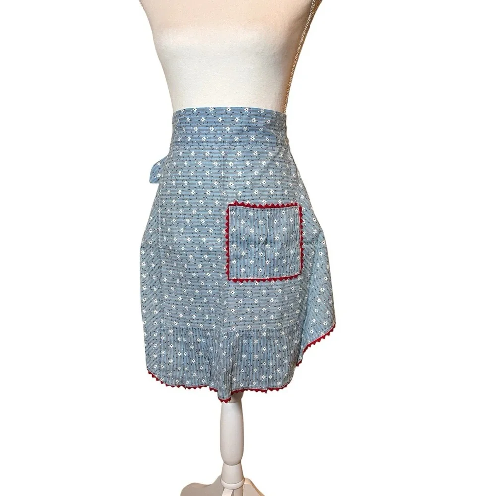 Vintage Handmade Blue Floral Half Apron Red Ric Rac Pocket Ruffle Cottagecore
